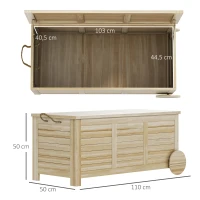 Outsunny Baúl de Madera Exterior de 185L con 2 Ruedas Cuerdas de lino Bisagras Metálicas y Forro Interno 110x50x50 cm Natural(m-3)