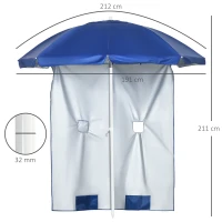 Outsunny Chapéu de Sol de Praia com Painel Lateral Manivela Manual Teto Inclinável 2 Bolsos e 2 Janelas Ø191x211 cm Azul(m-3)