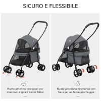 PawHut Passeggino per Cani Pieghevole con Tettuccio Regolabile, Borsa e 2 Guinzagli, 82x47x97 cm, Grigio e Nero(m-5)