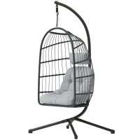 Outsunny Hanging Egg Chair, Indoor Outdoor Hammock Swing Chair with Stand, Safety Strap, Foldable Basket, Dark/Light Grey(m-15)