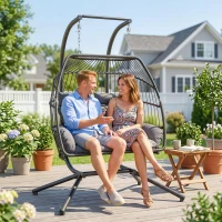 Outsunny Rattan Double Hanging Egg Chair with Stand, Foldable Wicker Swing Egg Chair with Cushion, Head Pillows, Steel Frame, Hammock Chair for Indoor Outdoor, Capacity 260 kg, Dark Grey(m-9)