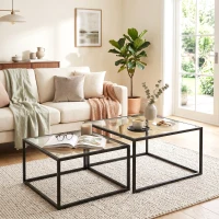 HOMCOM Lot de 2 tables basses gigognes, table de salon avec plateau en verre trempé et structure en métal, noir(m-16)