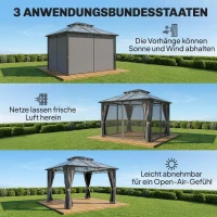 Outsunny Tuinpaviljoen ca. 3,6x3m Aluminium Paviljoen met 6 mm Polycarbonaat Dubbel Dak Muggennet 4 Zijpanelen Donkergrijs(m-5)