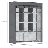 HOMCOM Guardaroba in Tessuto non Tessuto e Acciaio con 8 Ripiani e 2 Barre, 125x43x162.5 cm, Grigio Carbone(m-3)