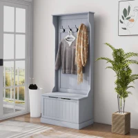 HOMCOM Mobile Appendiabiti 3 in 1 con 4 Ganci e Panca Contenitore, in Legno, 71.5x39.5x170 cm, Grigio(m-2)