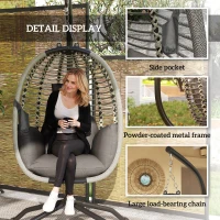 Outsunny Outdoor Swing Chair with Thick Padded Cushion, Patio Hanging Egg Chair with Metal Stand, Foldable Basket, Cup Holder, Rope Structure for Indoor & Outdoor, Dark Grey(m-7)