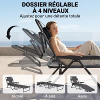 Outsunny Chaise longue de jardin pliante dossier réglable sur 4 niveaux, trou de lecture et appui-tête 72L x 194l x 89H cm Gris(m-5)