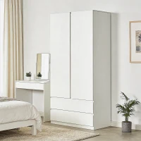 HOMCOM Armadio Guardaroba in Truciolato Bianco con Appendiabiti e 2 Cassetti Scorrevoli per Camere da Letto, 100x60x200 cm(m-9)