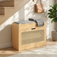 HOMCOM Banc chaussures entrée, banc de rangement en bambou, assise rembourrée, porte en rotin et étagère réglable, bois naturel(m-16)