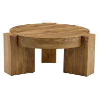Ensemble 2 tables basses rondes, design 2 niveaux modulable, pieds en L renforcés, 61x61x30 cm, Couleur naturelle(m-11)