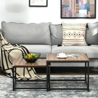 HOMCOM Set van 2 bijzettafels, industrieel design, zwart stalen frame, tafelblad met houteffect(m-7)
