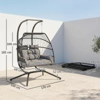 Outsunny Rattan Double Hanging Egg Chair with Stand, Foldable Wicker Swing Egg Chair with Cushion, Head Pillows, Steel Frame, Hammock Chair for Indoor Outdoor, Capacity 260 kg, Dark Grey(m-3)