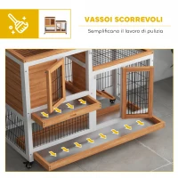 PawHut Conigliera in Legno con Ruote, Vassoi Estraibili e Casetta con Rampa, 110x50x88 cm, Giallo e Bianco(m-6)