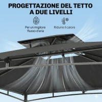 Outsunny Gazebo da Giardino 3x3 m con Doppio Tetto, in Metallo e Poliestere Grigio Scuro(m-6)