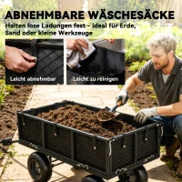 Outsunny Tuinwagen, 4-Wiel Trolley van Staal, Afneembare Zijwanden, 25 cm Wielen, Draaibaar Handvat, 300 kg Laadcapaciteit, Zwart(m-5)