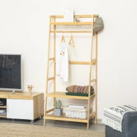 HOMCOM Perchero de Pie de Bambú Perchero Trapezoidal con Estantería de 3 Niveles con Barra y Colgador 70x42x164 cm Natural(m-10)