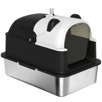 PawHut Arenero para Gatos Grandes Cubierto XL de Acero Inoxidable con Tapa Abatible Pala Bolsa Desodorante Diseño Panda Negro(m-11)