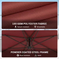 Outsunny 3 m Overhanging Cantilever Parasol, with Cross Base - Wine Red(m-5)