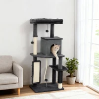 PawHut Arbre pour Chats Multiniveaux Haut 132 cm avec Maisonnette, Lit, Poteaux à Griffer, Brosse et Balle, Gris Foncé(m-6)