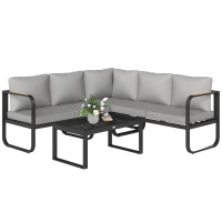 Outsunny L-vorm tuinset weerbestendig metaal zitgroep voor 5 personen tuinlounge met 2- en 3-zitsbank, kussens en bijzettafel, outdoor balkonmeubel-set terrasmeubel voor tuin en balkon, grijs(m-11)