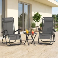 Outsunny Set de 2 Sillas de Gravedad Cero Plegables 90x65x110 cm y Mesa Auxiliar 50x50x50 cm con 2 Portavasos Sillas Reclinables con Reposacabezas para Jardín Terraza Gris(m-10)