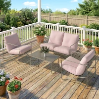 Outsunny Conjunto de Jardim de 4 Peças com Sofá de 2 Lugares 2 Poltronas Mesa de Vidro Temperado e Almofadas Grossas para Terraço Rosa(m-10)