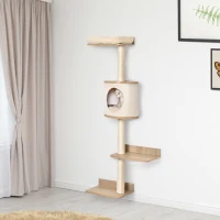 PawHut Árbol para Gatos de Pared 38x30x149 cm con Múltiples Plataformas de Madera Cueva Cama Superior Cojín Extraíble Postes Rascadores de Sisal Torre para Escalar Beige y Roble(m-10)