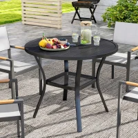 Outsunny 90 cm Garden Dining Table with 4-5 cm Parasol Hole, Round Outdoor Dining Table, Steel Garden Table with Slatted Metal Top and Wire Shelf for Balcony, Porch, Black(m-10)