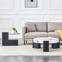 Table basse ronde moderne à 2 niveaux, design démontable et modulable, bords arrondis, 61x61x30 cm, Blanc+Noir(m-1)