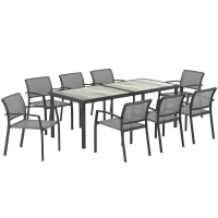 Outsunny Set da Giardino con Tavolo da Pranzo Rettangolare e 8 Sedie Impilabili con Braccioli, Grigio(m-1)