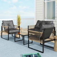 Outsunny Ensemble salon de jardin 4 pièces canapé 2 places 2 fauteuils et 1 table basse plateau verre trempé 3 coussins - gris(m-9)