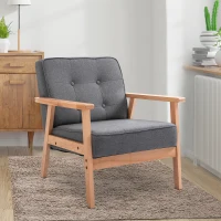 HOMCOM Poltrona Individual Estofada em Linho com Assento Acolchoado e Estrutura de Madeira 70x64,5x74cm Cinza e Madeira(m-2)
