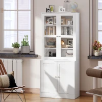 HOMCOM Modern Bookcase with Glass Doors, Display Storage Cabinet with Adjustable Shelves for Living Room, Study, Home Office, Kitchen Cupboard with Small Open Counter, White(m-9)