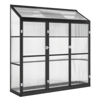 Outsunny 6 x 1.5ft Polycarbonate Greenhouse, Quick Setup, Lean-to Green House with 3 Hinged Doors, Top Vent, Black(m-1)