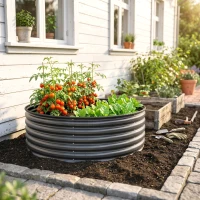 Outsunny Galvanised Raised Garden Bed with Safety Edging, Outdoor Raised Planter Box with Gloves, 120 x 120 x 43cm, Dark Grey(m-14)