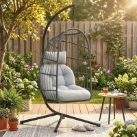 Outsunny Hanging Egg Chair, Indoor Outdoor Hammock Swing Chair with Stand, Safety Strap, Foldable Basket, Dark/Light Grey(m-2)