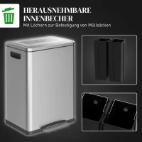 HOMCOM Prullenbak met Deksel en Voetpedaal, Roestvrij Staal, 2x 20 Liter Compartimenten, Zilver(m-6)