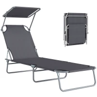 Outsunny Transat Bain de Soleil Pliable Chaise Longue Pliante Grand Confort Dossier Inclinable Multi-positions et Pare-Soleil réglable Dim. 187L x 58l x 36H cm Gris(m-1)