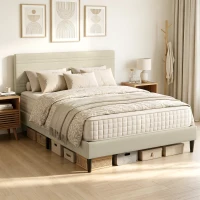 HOMCOM Estructura de Cama 160x200 cm con Somier de Madera Acolchada en Efecto Lino y 9 Patas de Acero Beige(m-10)