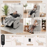 HOMCOM Sillón Relax Reclinable Eléctrico Calor Lumbar Masaje Vibración Motor Silencioso Función Memoria Bolsillos USB Gris(m-4)