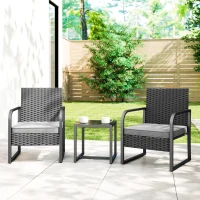 Outsunny Rattan Bistro Set, 3 Piece Garden Furniture Set with Cushions and Glass Top Table, Black(m-2)