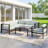 Outsunny 5-Piece Garden Corner Sofa Set with Cushions, 6 Seater Aluminium Garden Furniture Set with Coffee Table, Light Grey(m-2)