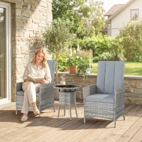 Outsunny Rattan Bistro Set, Reclining Garden Chairs and Glass Coffee Table with Cushions for Patio Balcony Porch, Light Grey(m-10)