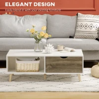 HOMCOM Coffee Table, Modern Tea Table with Open Storage Shelves, Two Drawers and Solid Wood Legs, Coffee Tables for Living Room, Bed Room, White(m-4)