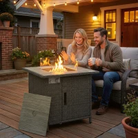 Outsunny 14.5 KW Rattan Gas Fire Pit Dining Table with Rain Cover, Wind Guard, Lid, Lava Rocks, Dark Grey(m-2)