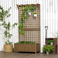 Outsunny Jardinieră Ridicată pentru Exterior cu Spalier și Bară Superioară, Jardinieră din Lemn de Brad cu Găuri de Drenaj pentru Flori și Legume, pentru Grădină și Balcon, Cafeniu Întunecat(m-8)