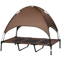PawHut Lit pour chien chat sur pieds anti-UV tissu oxford micro-perforé + parasol + sac de transport inclus marron noir(m-12)