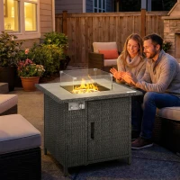 Outsunny 14.5 KW Rattan Gas Fire Pit Dining Table with Rain Cover, Wind Guard, Lid, Lava Rocks, Dark Grey(m-10)