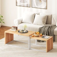 HOMCOM Juego de 2 Mesas de Centro Mesa Nido Moderna Marco de Metal para Salón 90x48x42 cm y 59x42x36 cm Natural y Blanco(m-2)