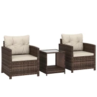 Outsunny Rattan Bistro Set, 3 Piece Garden Furniture Set with 2 Tier Glass Top Table and Cushions, Mixed Brown(m-1)